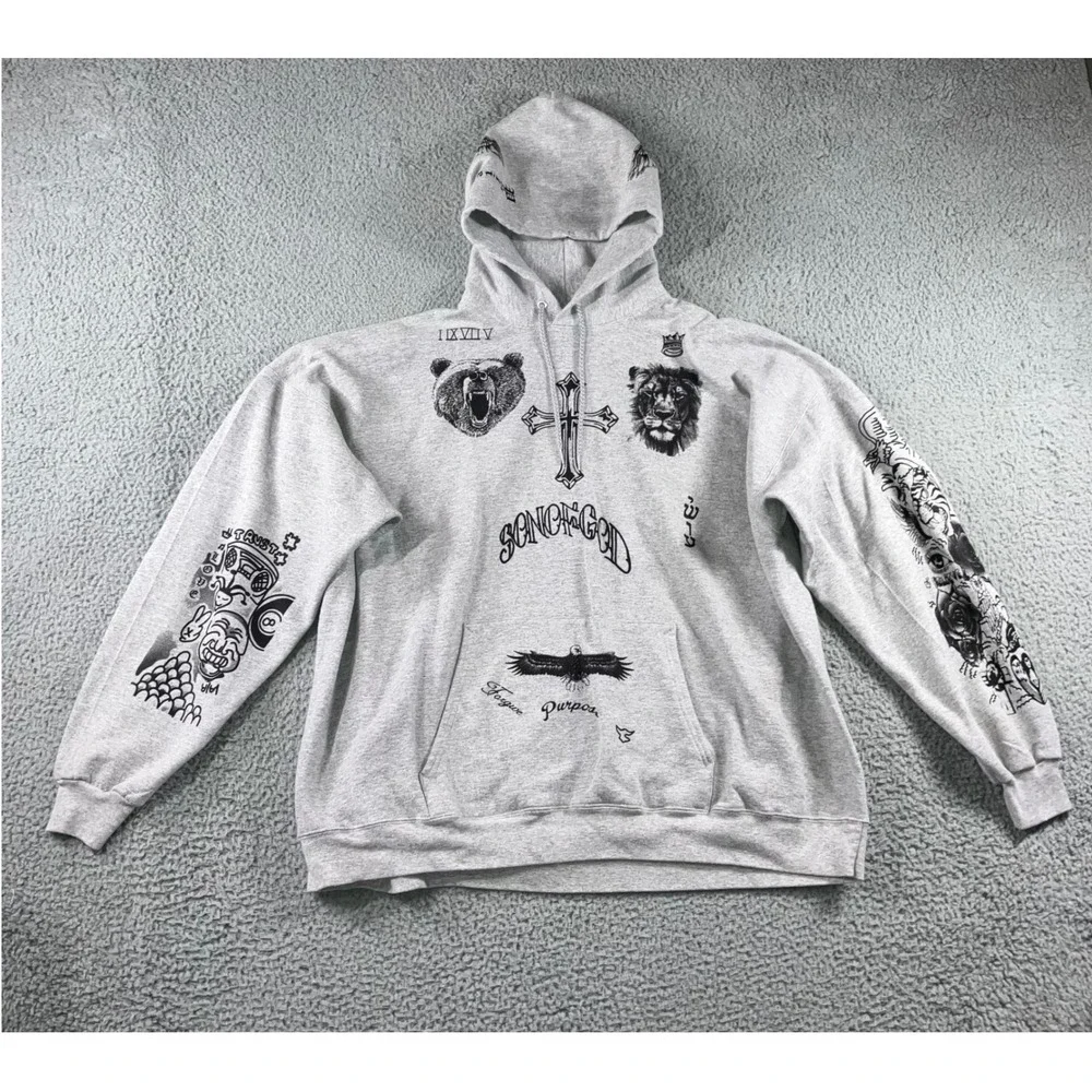 Men 3XL Graphic Tattoo Hoodie Sweatshirt Bear Lion Eagle Cross Son of God Grunge